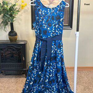 Gorgeous Floral Blue Sleeveless Evening Dress with Waist Belt